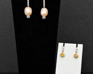 Sterling Silver PearlStyle  Citrine Drop Earrings 925 GoldPlated Accents, 2.84g