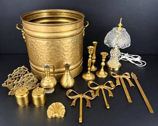 Vintage Brass Home Decor Collection with Hammered Planter, Lamp, Candlesticks  More