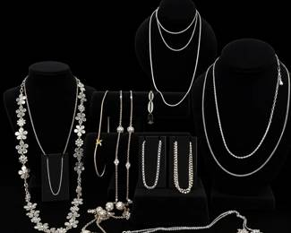 SilverTone Jewelry Collection with Floral Necklace, Chains  Sparkling Accents