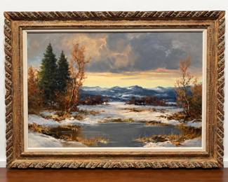  06 Signed S. Wagner Original Winter Mountain Landscape Painting in Ornate Frame