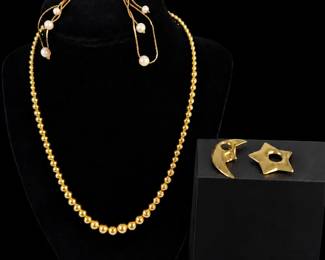 GoldColored Bead Necklace with PearlLike Dangle and Moon and Star Earrings