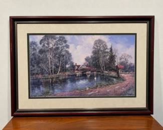 Signed Mardewick Countryside Pond Landscape Print with Swans  Bridge  Framed