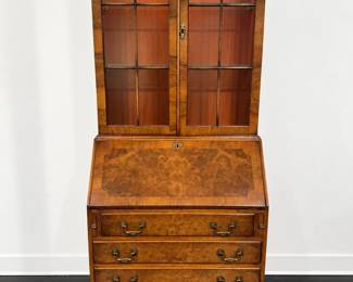 Burl Wood Secretary Desk Bookcase with Glass Doors, Drawers  Working Light
