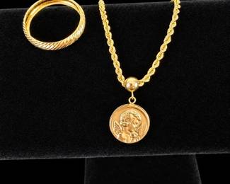 14K Gold Ring  Rope Chain with Unmarked Cherub Pendant