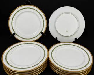 C. Ahrenfeldt Limoges Plates with Green Leaf Borders and Gold Trim