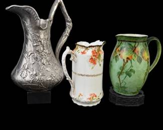 Decorative Pitchers with SilverTone Relief, Floral  Green Fruit Designs