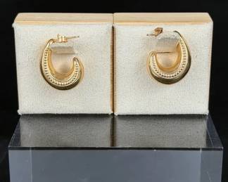 14K Yellow Gold Sculptural Hoop Earrings with Beaded Detail2.16g