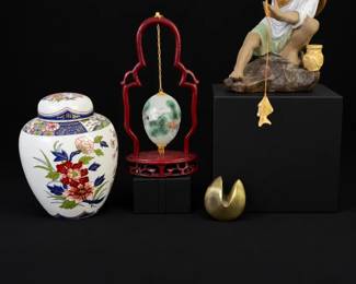 Fisherman Figurine, Floral Ginger Jar, Hanging Crane Egg  GoldTone Accent