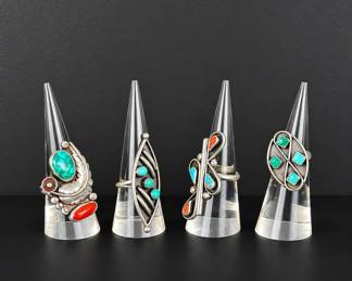 Vintage 1950s60s Handmade Sterling Silver Turquoise  Coral Rings, 27.45g Total