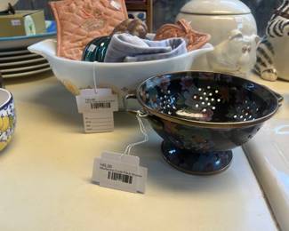 MacKenzie-Childs Floral Strainer, Pyrex Town & Country Bowl