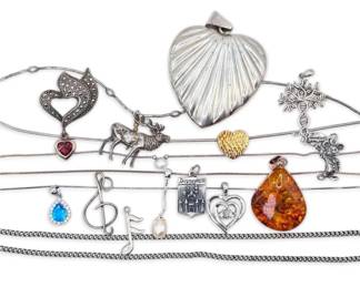 Sterling Silver Necklaces, Pendants, Charms 85g Total