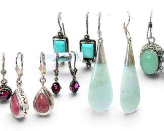 Sterling Silver Dangle Earrings Jade, Garnet, More 42g Total