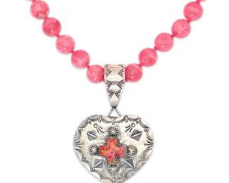 Sterling Silver KC Cooke Heart Pendant On String Of Pink Agate Beads 110g Total