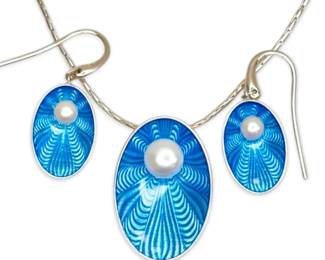 Sterling Silver Blue Enamel, Pearl Necklace and Earring Set 18.53g Total