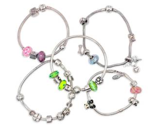 Five Sterling Silver Pandora Bracelets 156g Total
