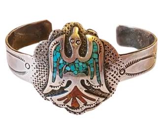 Vintage Navajo Peyote Bird Sterling Silver Cuff Bracelet, Signed HMIJ Gilbert Ortega Shop 26g