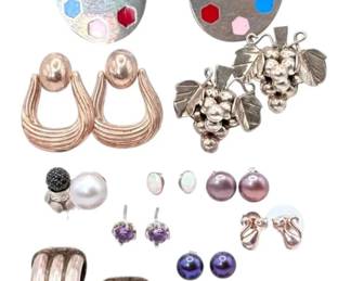 Sterling Silver Clip On And Stud Earrings Black Spinel, Pearl, Opal, More 68g Total