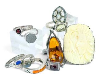 Sterling Silver Rings Carved Bone, Moonstone, Lapis Lazuli, More 49g Total