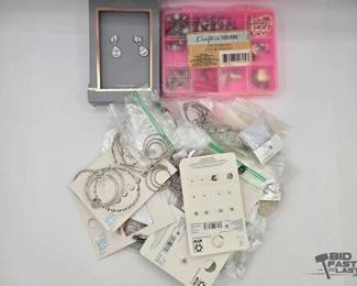 1010  Costume Jewelry Lot Drop Earrings, Time and Tru Hoops, Crafters Square Box