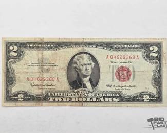 1514  Series 1963 Red Seal $2 Bill  Jefferson Face, Monticello Back