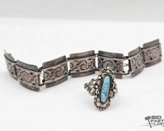906  Sterling Silver Jewelry Lot Link Bracelet and Blue Stone Ring
