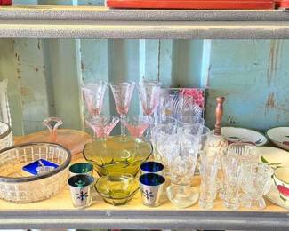 3028  Vintage Glassware Lot Sterling Salt Spoon, Mikasa Bowl, Southern Potteries