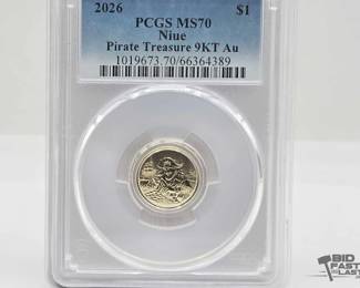 562  2026 Niue $1 Pirate Treasure 9KT Gold Coin PCGS MS70, 1g