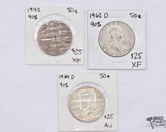 1398  3 Silver Half Dollars 90 Silver