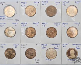 1589  12 U.S. $1 Coins 2000 Sacagawea, Johnson  Harding Presidential Dollars