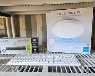 2816  Epson Workforce, Wireless Keyboard, and LED Ceiling Light