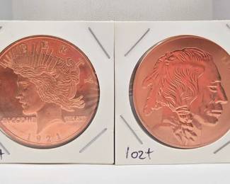 1749  2 Copper Rounds Peace Dollar and Buffalo Nickel Designs