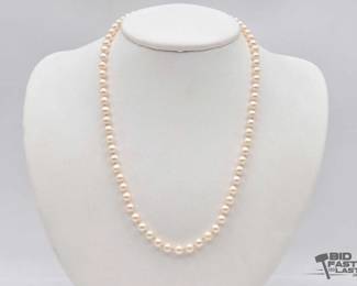 950  SingleStrand Knotted Pearl Necklace, YellowMetal Filigree Box Clasp