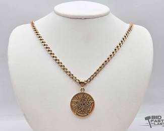 696  14kt Gold Necklace with Pentagram Disc Pendant, 51.8g