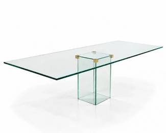 8 LargeContemporaryHeavyGlassPedestalDiningTableBrassAccents