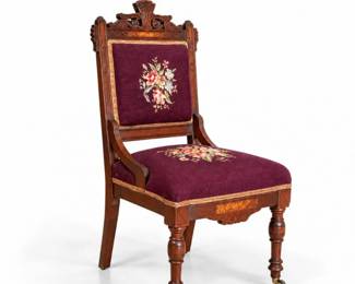 37 AntiqueEastlakeCarvedWalnutNeedlepointSideChair