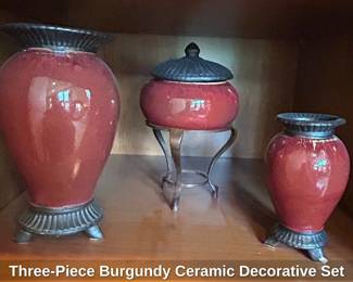 ThreePiece Burgundy Ceramic Decorative Set