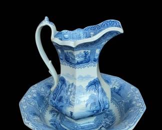 Antique Blue and White Wash Basin and Pitcher Set  Shannon Pattern