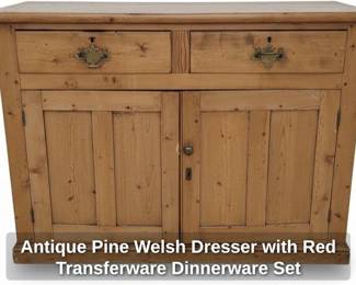 Antique Pine Welsh Dresser with Red Transferware Dinnerware Set second image