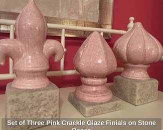 Set of Three Pink Crackle Glaze Finials on Stone Bases