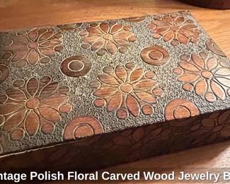 Vintage Polish Floral Carved Wood Jewelry Box