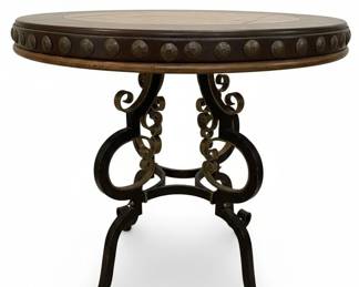 Leather and Wood Accent Table with Iron Base