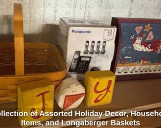 Collection of Assorted Holiday Decor, Household Items, and Longaberger Baskets