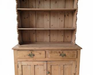 Antique Pine Welsh Dresser with Red Transferware Dinnerware Set
