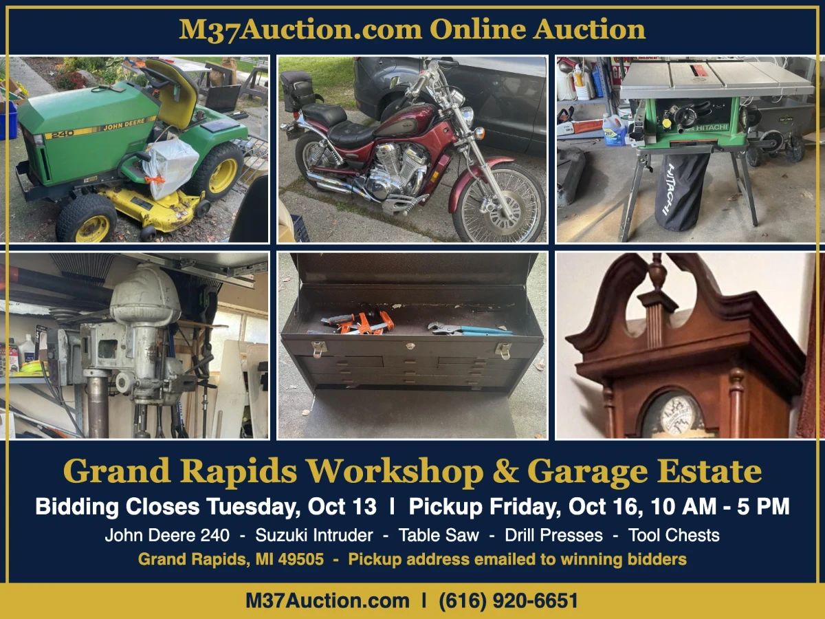 Grand Rapids Online Auction – Bidding Closes Tuesday, Oct 13 – Pickup Friday, Oct 16, 10 AM–5 PM (address emailed to winning bidders)