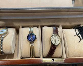 Three Assorted Ladies Wristwatches featuring Pulsar, Armitron, and Timex with Display Case