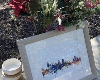 Framed Skyline Art Print, Ceramic Vases with Artificial Florals, and Nested Bowls