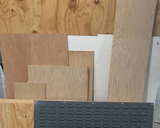 Assorted Plywood Panels, Wood Scrap, and Metal Louvered Bin Hanging Plate