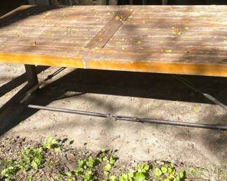 Wooden Top Patio Dining Table with Metal Legs and Turnbuckle Support Tensions