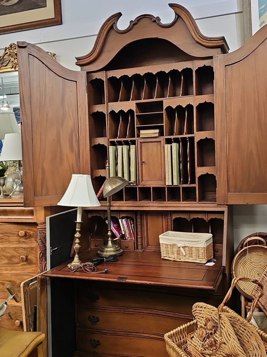 Queen Anne Style Double Bonnet Walnut Secretary Desk