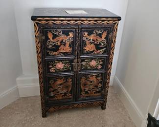 Vintage Chinese Black Lacquer Cabinet with Dragon and Floral Motifs